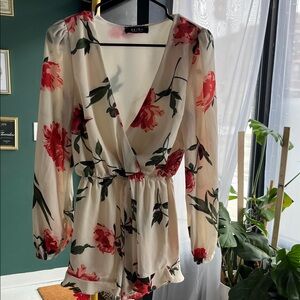 AKIRA Cream Floral Wrap Romper with Red and Green Print